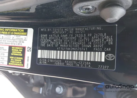 2021 Toyota Camry Se из США, поврежденный, VIN 4T1G11AK2MU570741